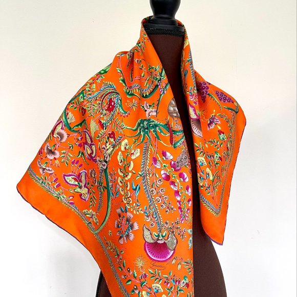 New Gucci Scarf Floral Orange Green Multicolor Flora Silk Wrap - Picture 5 of 16